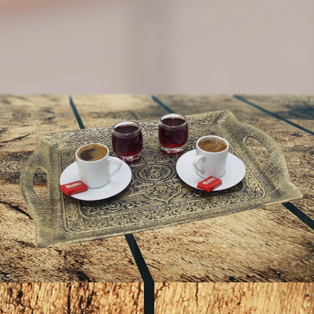 Etnik Desenli Bakır Görünümlü Sunum Tepsisi