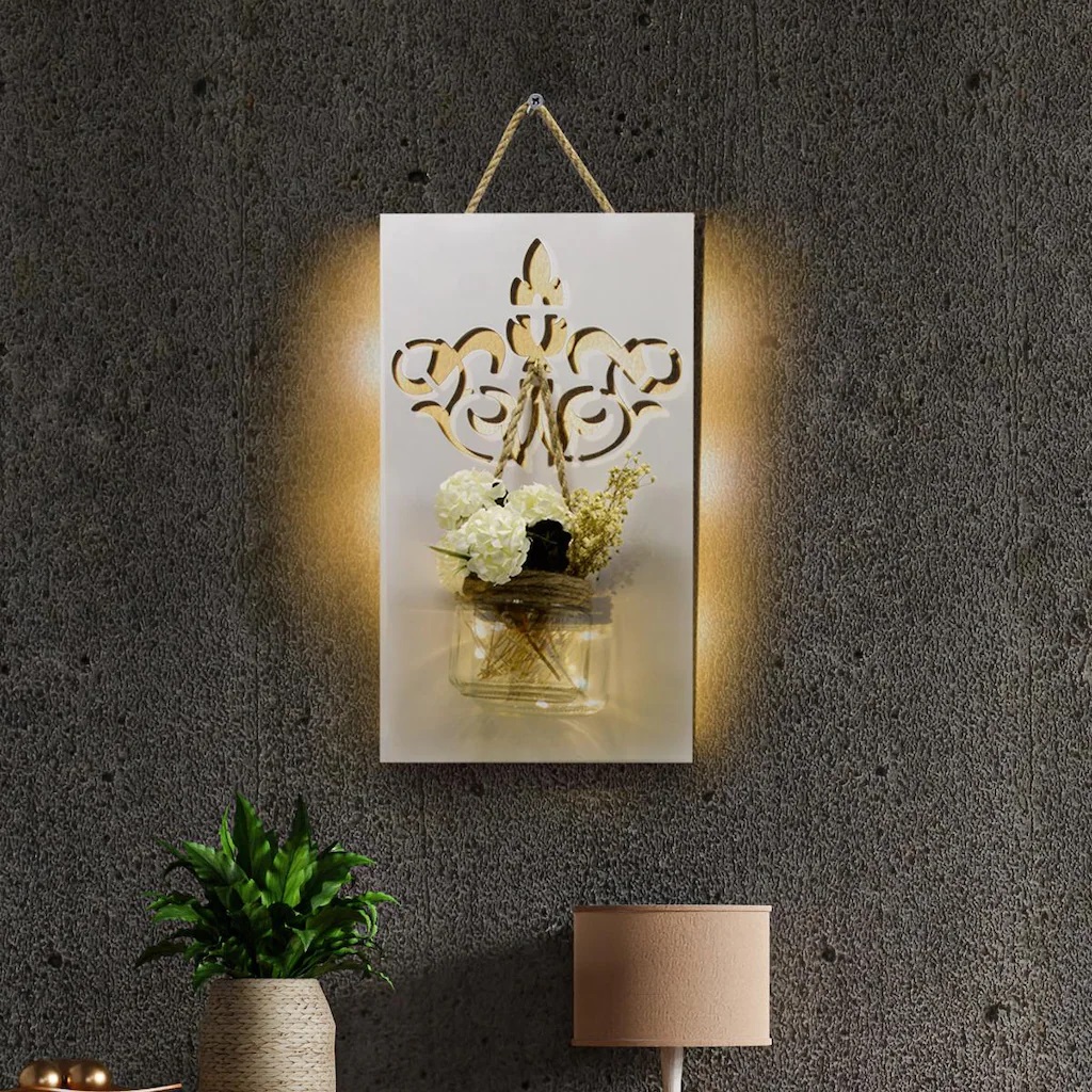 Ahşap Panolu Dekoratif Işıklı Duvar Vazosu Aplik Gece Lambası