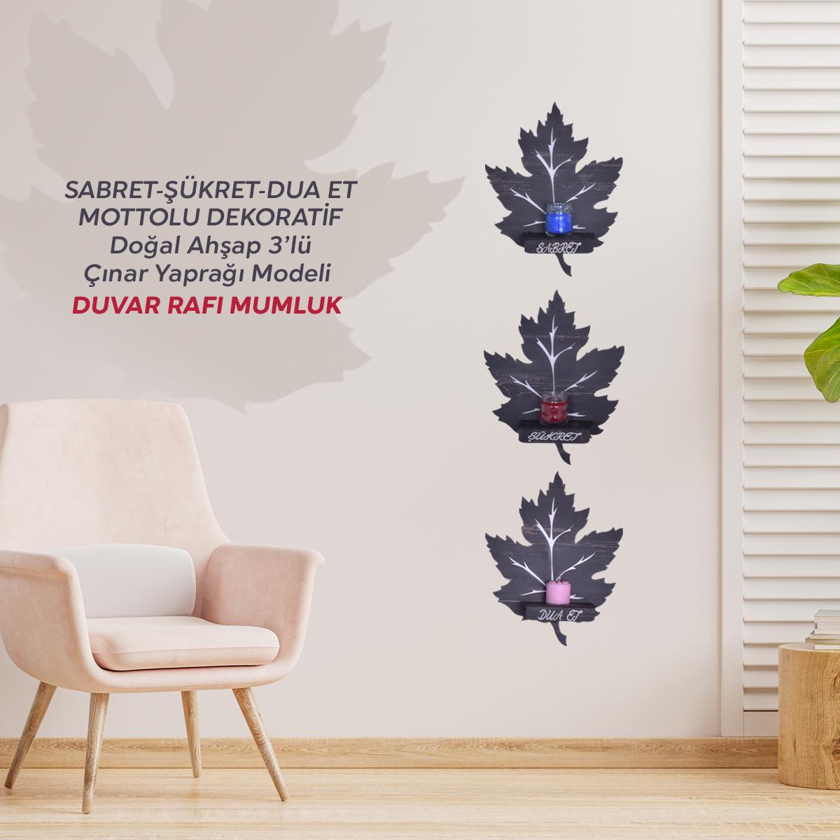 Motto Aura Doğal Ahşap 3’lü Çınar Yaprağı Modeli Duvar Rafı Mumluk